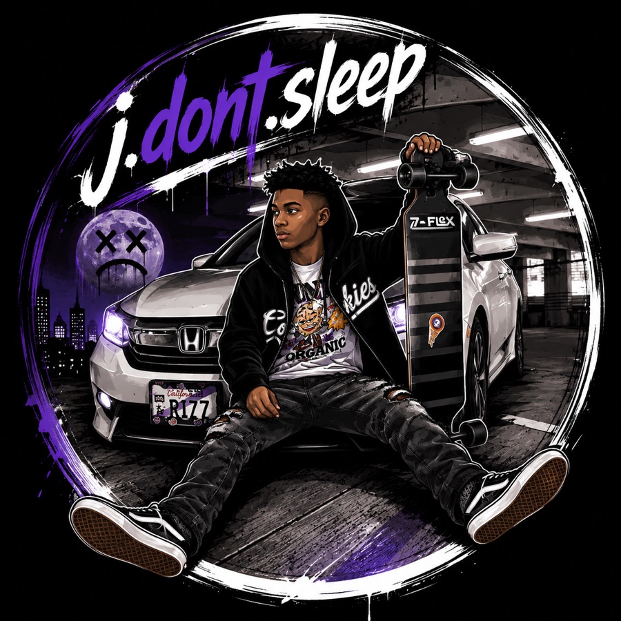 J Dont Sleep illustration: J sitting in front of a white Honda with a longboard, purple moon skyline