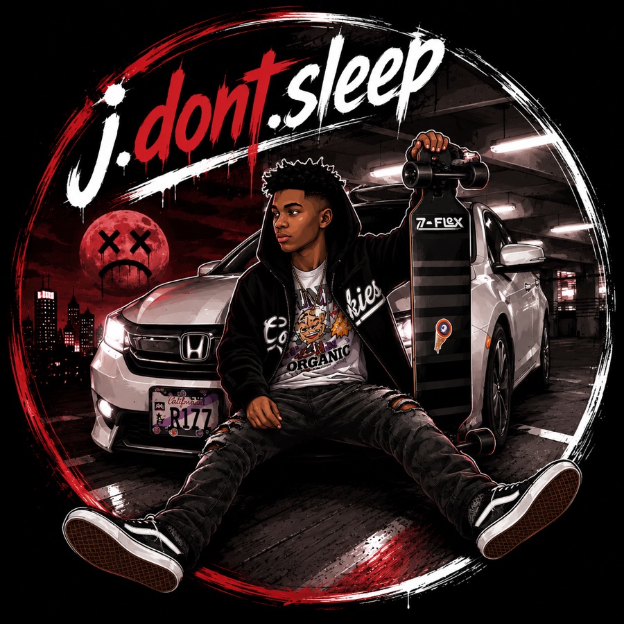 J Dont Sleep illustration: J sitting in front of a white Honda with a longboard, red moon skyline